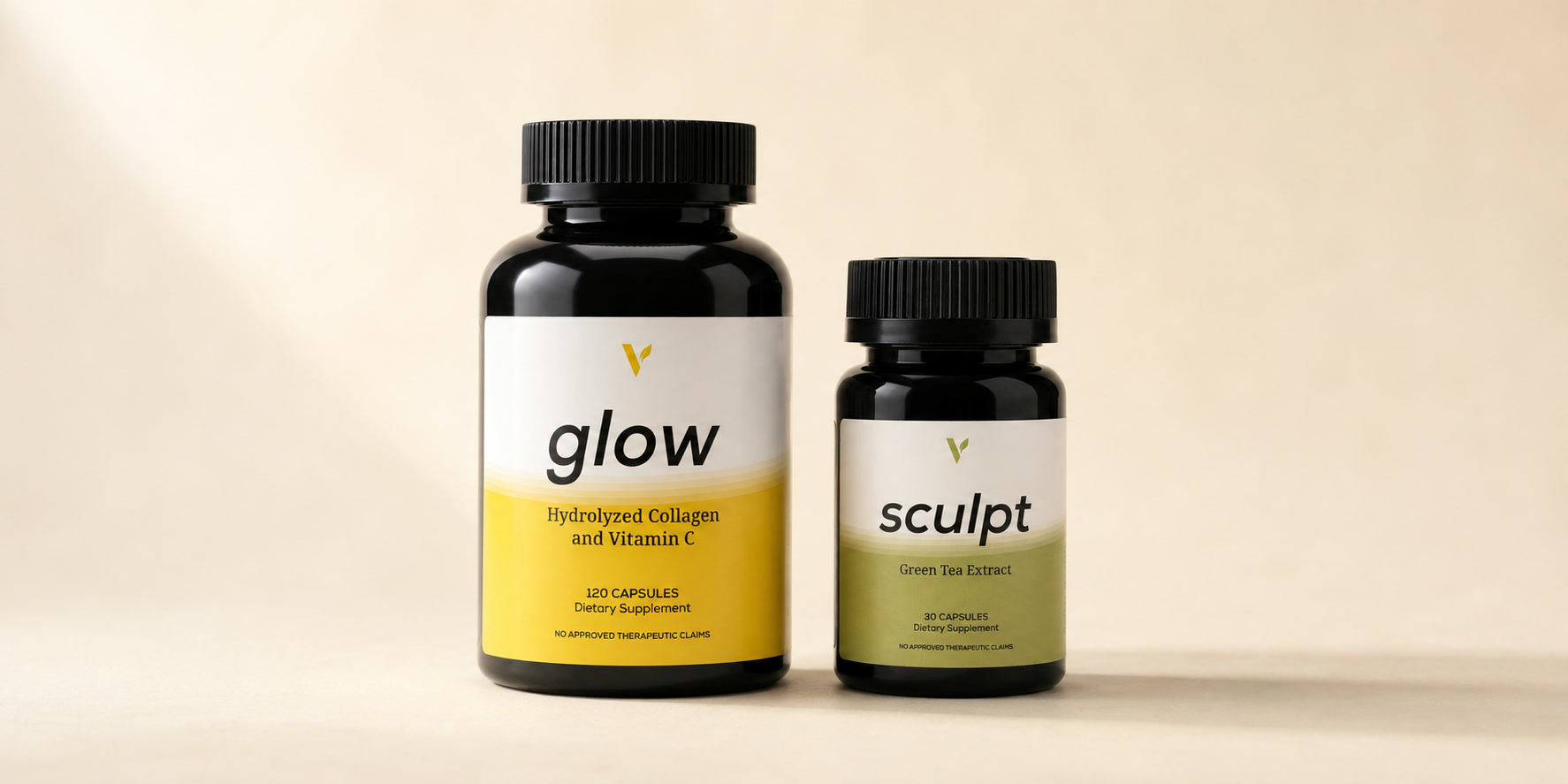 Complete Glow and Sculpt bottles arranged together in a wide studio photograph